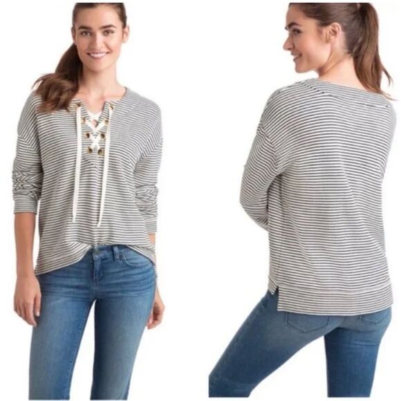 Vineyard Vines Black & White Striped Bateau Lace Up Pullover Sweater Sz XL - Picture 2 of 10